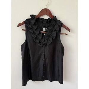 J. Crew Silk‎ Blouse Women's SZ 4 Black Button Front Sleeveless Ruffled Collar